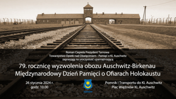 Plakat uroczystości z okazji 79. rocznicy wyzwolenia obozu Auschwitz-Birkenau i Międzynarodowego Dnia Pamięci o Ofiarach Holokaustu