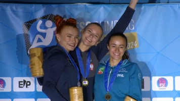 Medalistki Mistrzostw Europy we wspinaczce sportowej w konkurencji na czas. W środku Natalia Kałucka