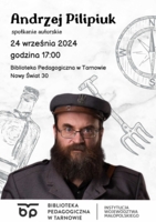 Plakat spotkania autorskiego z Andrzejem Pilipiukiem