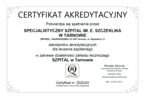 Certyfikat akredytacyjny dla Szpitala im. E. Szczeklika