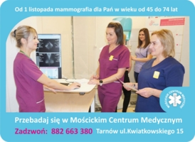 Plakat badań mammograficznych w Mościckim Centrum Medycznym