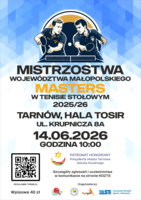 Plakat Mistrzostw Województwa Małopolskiego masters w tenisie stołowym
