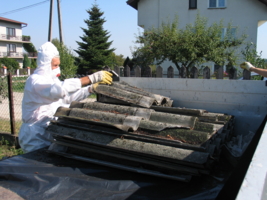 na zdjęciu dachówki zawierajace azbest oraz osoba je segregująca, która ma na sobie specjalny kombinezon