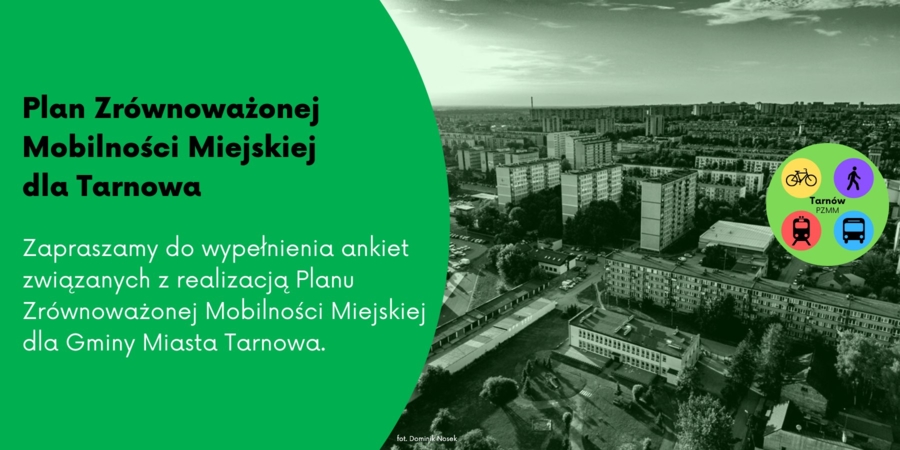 Plakat zachęcający do wypełniania ankiety związanej z Planem Zrównoważonej Mobilności Miejskiej dla Tarnowa
