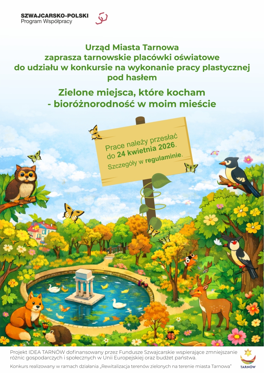 Plakat konkursu plastycznego „Zielone miejsca, które kocham – bioróżnorodność w moim mieście”