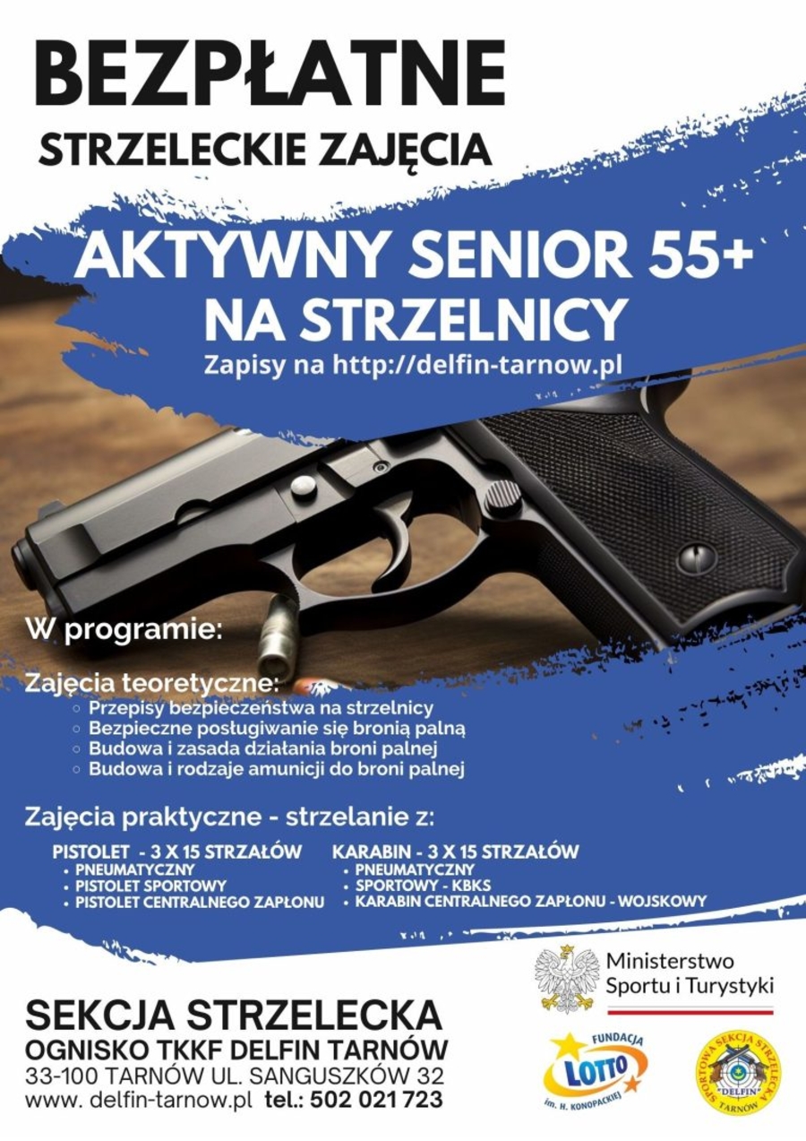 Plakat zajęć „Aktywny senior 55+ na strzelnicy”