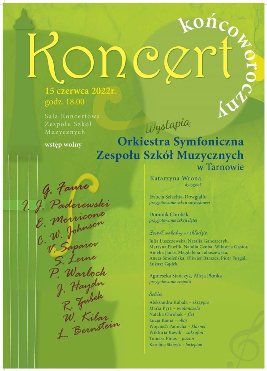 Plakat koncertu Orkiestry Symfonicznej Zespołu Szkół Muzycznych w Tarnowie