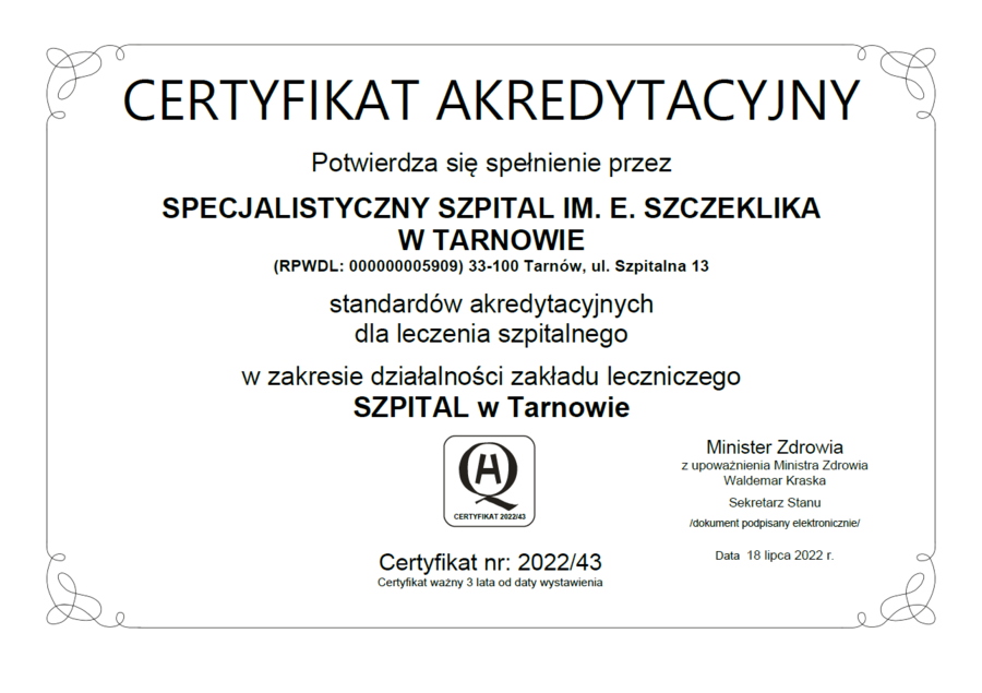 Certyfikat akredytacyjny dla Szpitala im. E. Szczeklika