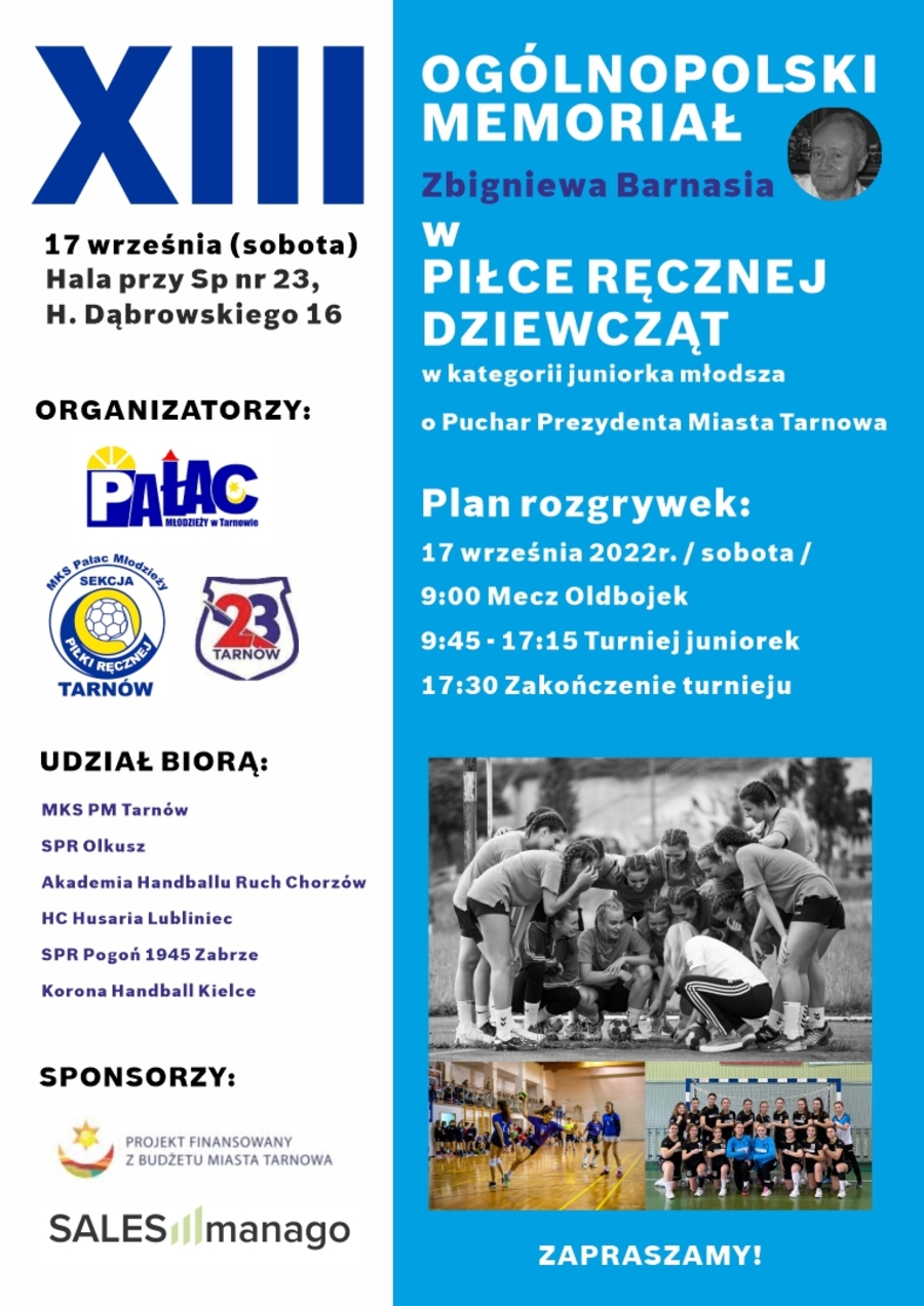 Plakat XIII Ogólnopolskiego Memoriału Zbigniewa Barnasia w piłce ręcznej juniorek młodszych o Puchar Prezydenta Miasta Tarnowa